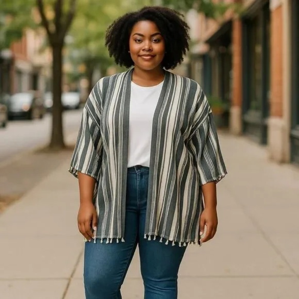 Unbranded Grey Striped Kimono Cardigan, Plus
